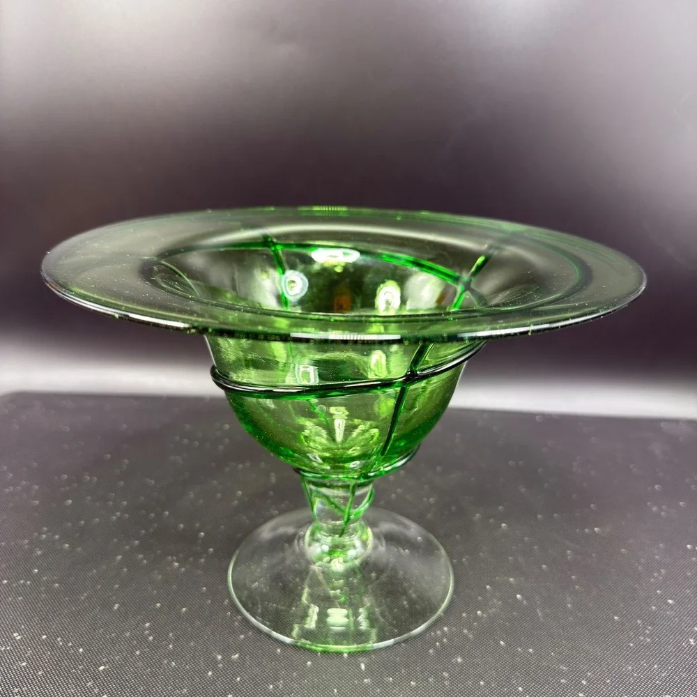 Aromatique Green Swirl Glass Bowl Mouth Blown 6x8 Made in USA Footed Centerpiece